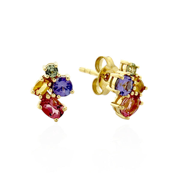 Citrine, Green Sapphire & Tanzanite Earrings - 9ct Yellow Gold